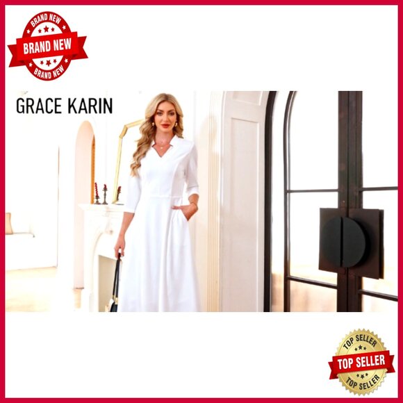 Midi Business Dress 3/4 Sleeve Fit Flare Work Dress with Pocket Classy Elegant - Picture 7 of 7